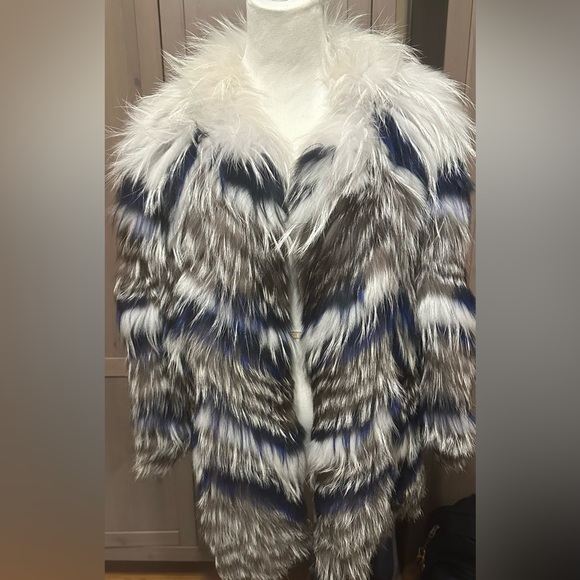 Grey & Multicolor Yves Salomon raccoon /Fox Fur Jacket Size EU 40 /US 10 - Picture 2 of 10